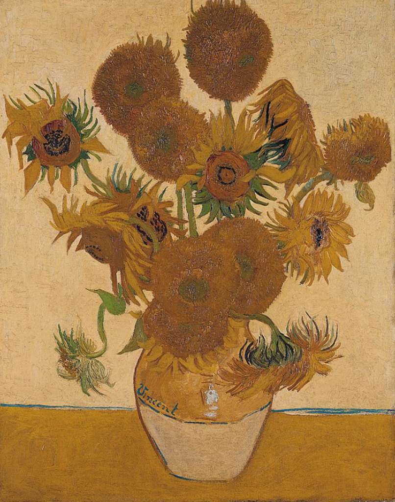 London National Gallery Top 20 16 Vincent Van Gogh - Sunflowers Vincent van Gogh � Sunflowers, 1888, 92 x 73 cm. This painting was voted #6 in the 2005 BBC Greatest Painting in Britain Poll. This is one of four paintings of sunflowers dating from August and September 1888, which Van Gogh intended to decorate Gauguin�s room in the so-called Yellow House that he rented in Arles. Its predominant yellow hue (for van Gogh an emblem of happiness) is also a tribute to Provence.  The Sunflowers illustrates the cycle of life, from the bud, through maturity and death. The spiky or gnarled forms of nature also symbolized human passions to van Gogh. As if in contrast to these natural forms, the tabletop and vase are simplified, flattened and outlines, and van Gogh�s signature, �Vincent�, becomes a na�ve blue decoration in the glaze of the Provencal terracotta jar.